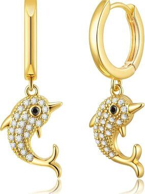 14K Gold Plated Beach Sea Drop Dangle Earrings Dolphin Rhinestone Vacation